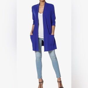 🟠NWT ZENANA Slouchy Pocket 3/4 Sleeve Lightweight Cardigan in Bright Blue